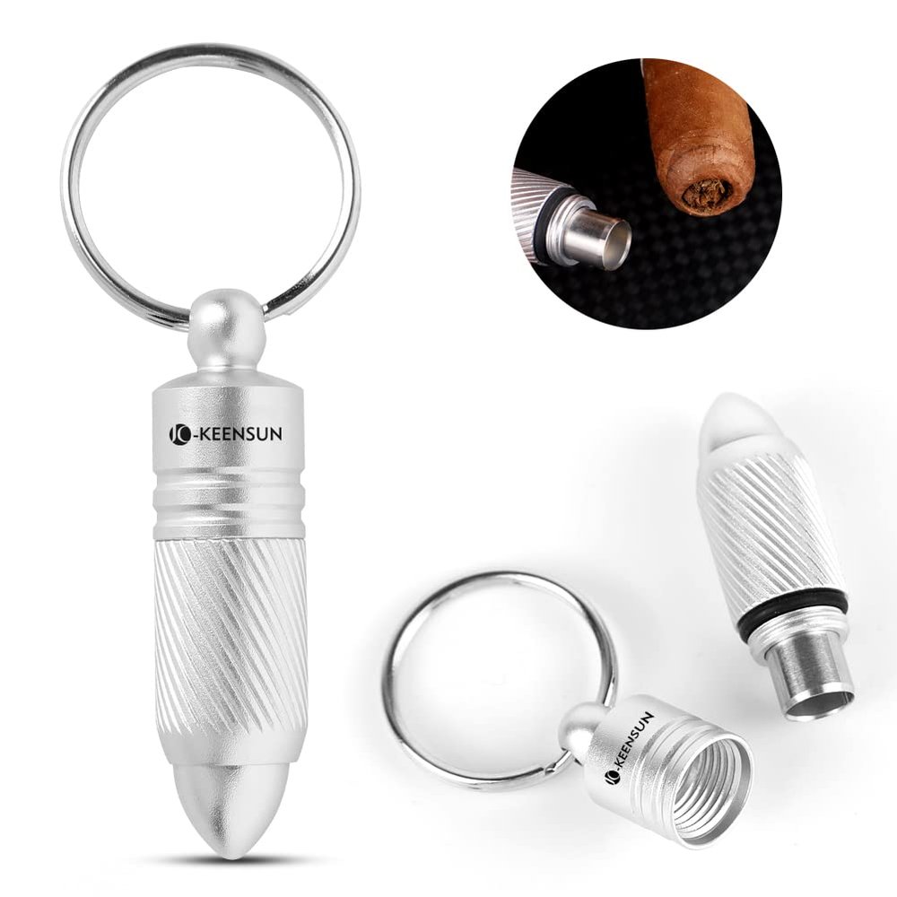 KEENSUN Cigar Punch - Cigar Hole Opener Stainless Steel Punch Blade, Portable Rotary Punch with Key Chain Ring (Silver)