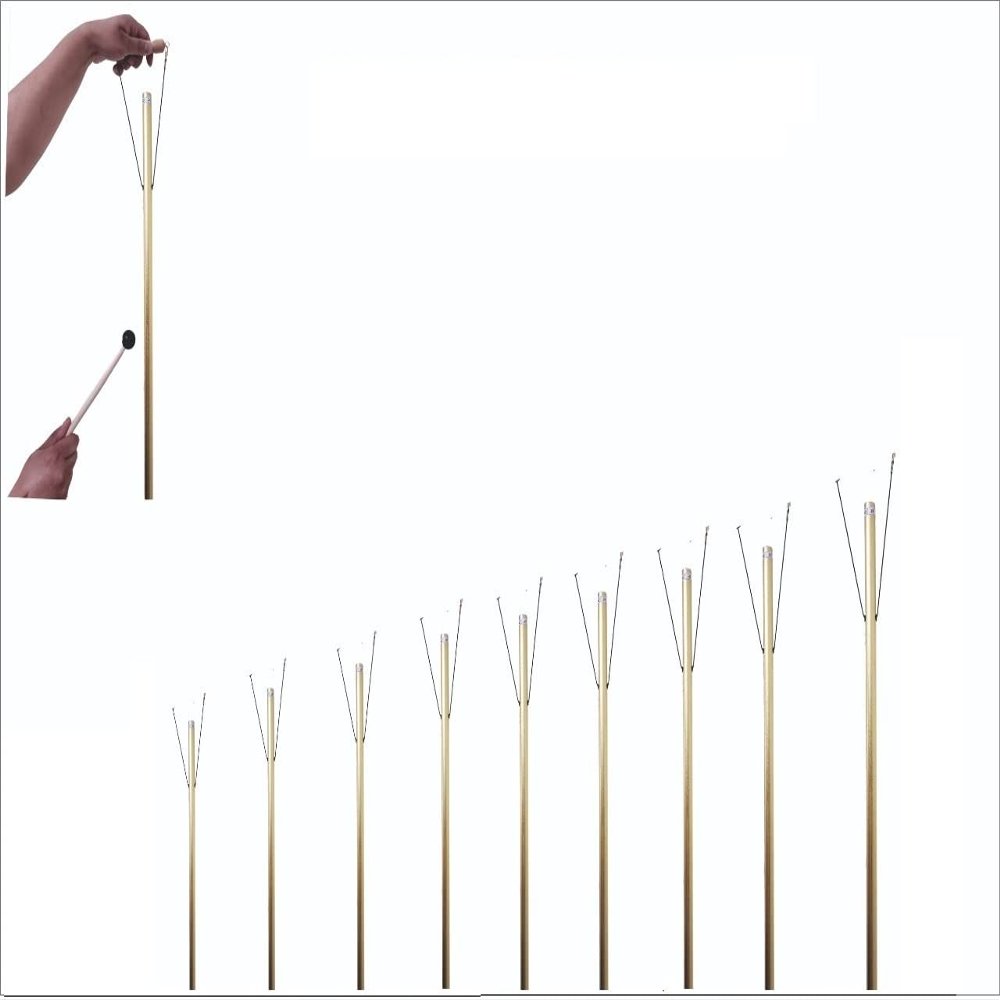 9 Gold Color Sacred Solfeggio Healing Hand Tuned Pipes with 9 Mallets Individual Wooded Hand Stands LOUDER than Tuning Forks