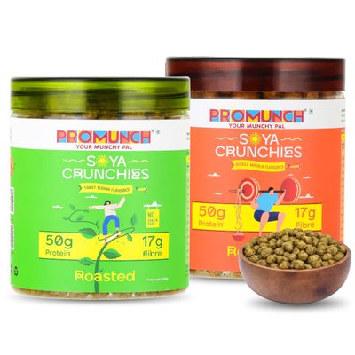 PROMUNCH Roasted Soya Snack | Vegan | High-Protein | Healthy | Gluten-Free | Pack of 2, Flavour: Tangy Pudina and Noodle Masala - 150G Each