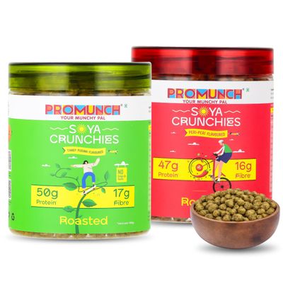 PROMUNCH Roasted Soya Snack | Vegan | High-Protein | Healthy | Gluten-Free | Combo of 2 Packs, Flavour: Tangy Pudina And Peri-Peri, 150 g Each