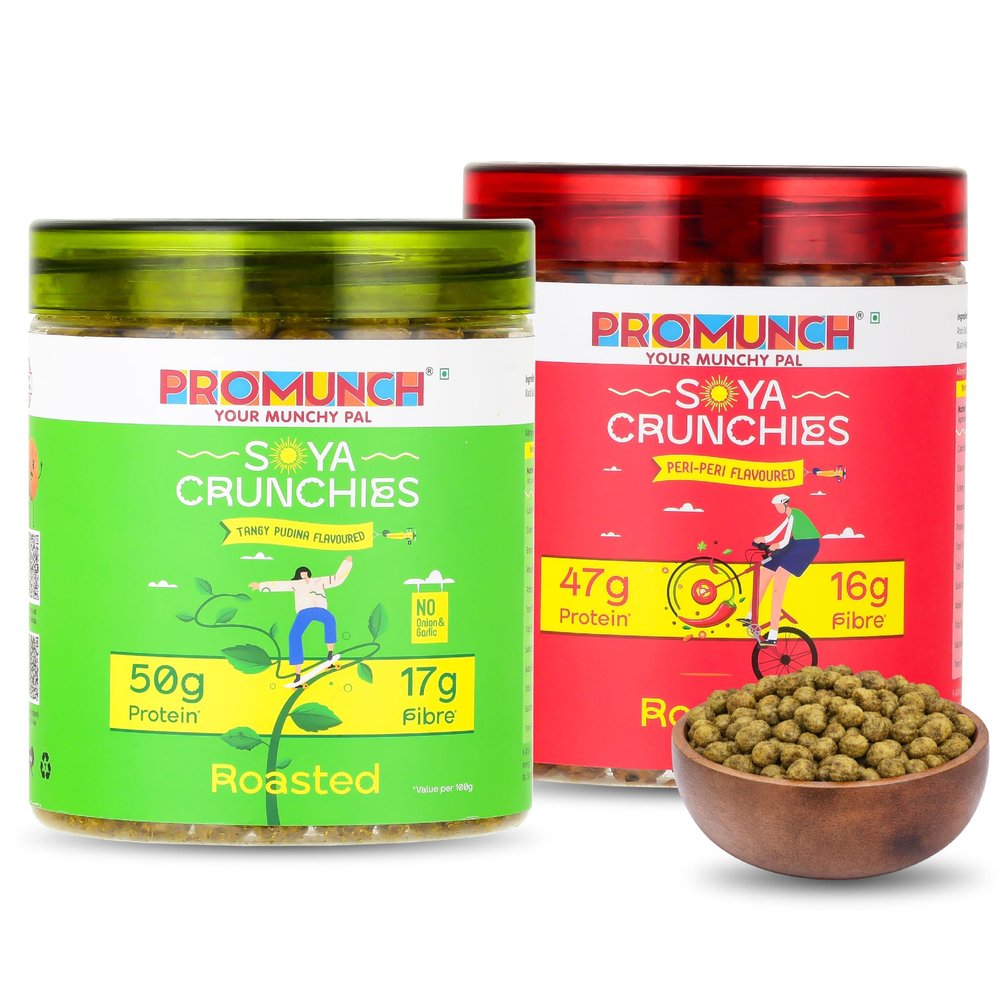 PROMUNCH Roasted Soya Snack | Vegan | High-Protein | Healthy | Gluten-Free | Combo of 2 Packs, Flavour: Tangy Pudina And Peri-Peri, 150 g Each