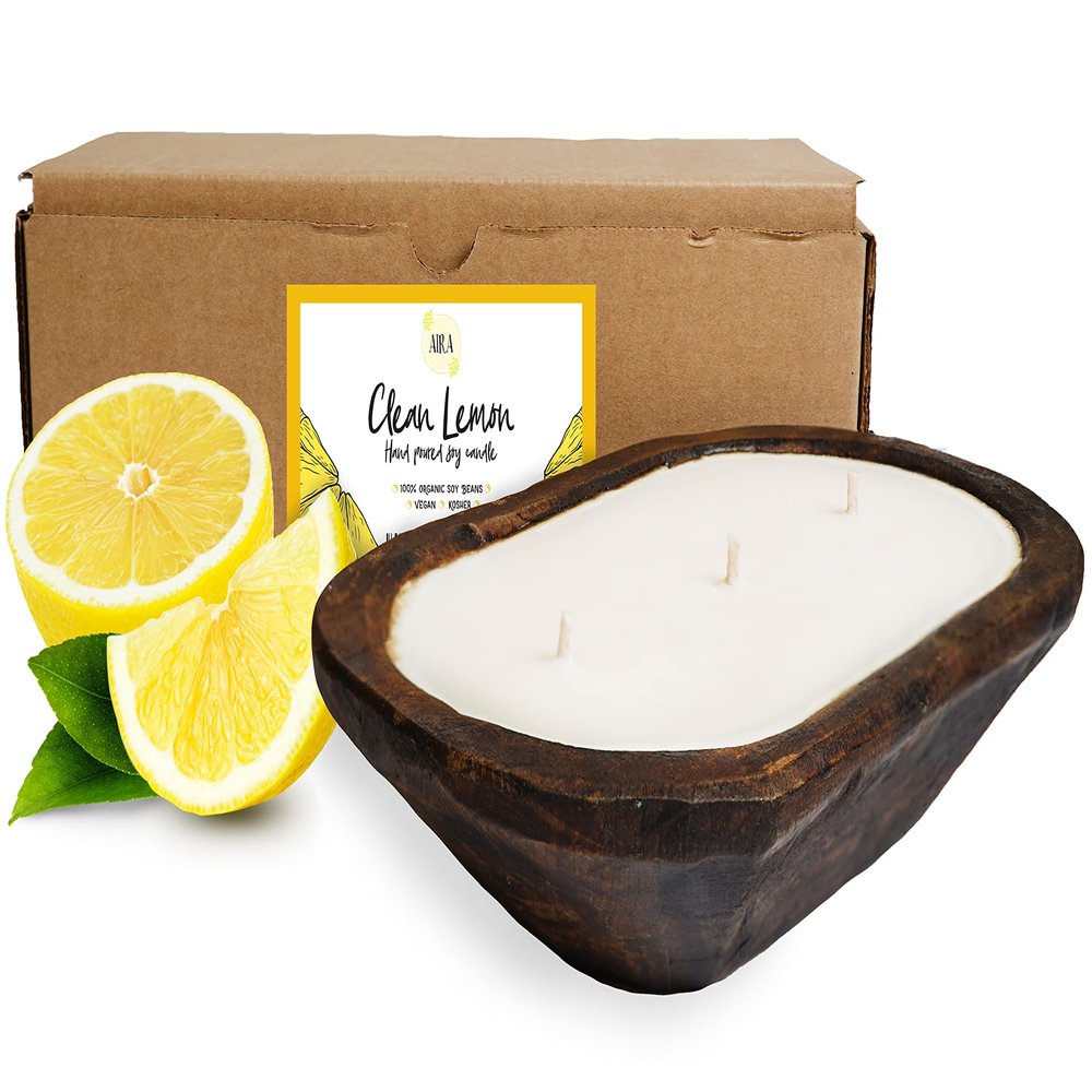 Aira Dough Bowl Candle - Organic, Kosher, Vegan, Hand Carved Wood Bowl Candle w/Aromatherapy Essential Oils - Hand-Poured 100% Soy Candle Wax - Paraffin Free, Long Lasting - Clean Lemon - 13 Ounces