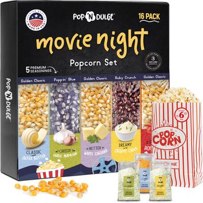 Pop n' Dulge Popcorn Movie Night Supplies 16 pcs Gift Set, 5 Gourmet Popcorn Kernels, 5 Seasoning Variety Packs Non-GMO Kosher Snacks, Great Housewarming Family Date Night Gifts Basket Ideas For Him Her