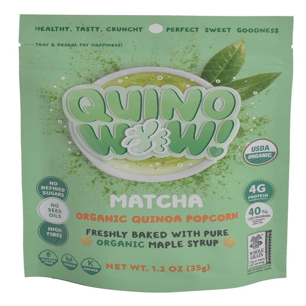 QuinoWow!-Organic Quinoa Popcorn | Oven-Baked | Gluten-Free | Air-Popped | Vega (Matcha, Pack of 6)