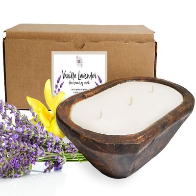 Aira Dough Bowl Candle - Organic, Kosher, Vegan, Hand Carved Wood Bowl Candle w/Aromatherapy Essential Oils - Hand-Poured 100% Soy Candle Wax - Paraffin Free, Long Lasting - Vanilla Lavender - 13 Oz
