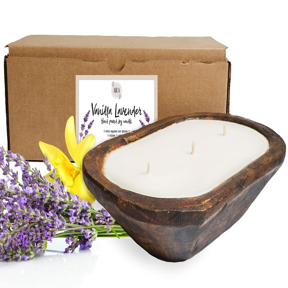 Aira Dough Bowl Candle - Organic, Kosher, Vegan, Hand Carved Wood Bowl Candle w/Aromatherapy Essential Oils - Hand-Poured 100% Soy Candle Wax - Paraffin Free, Long Lasting - Vanilla Lavender - 13 Oz