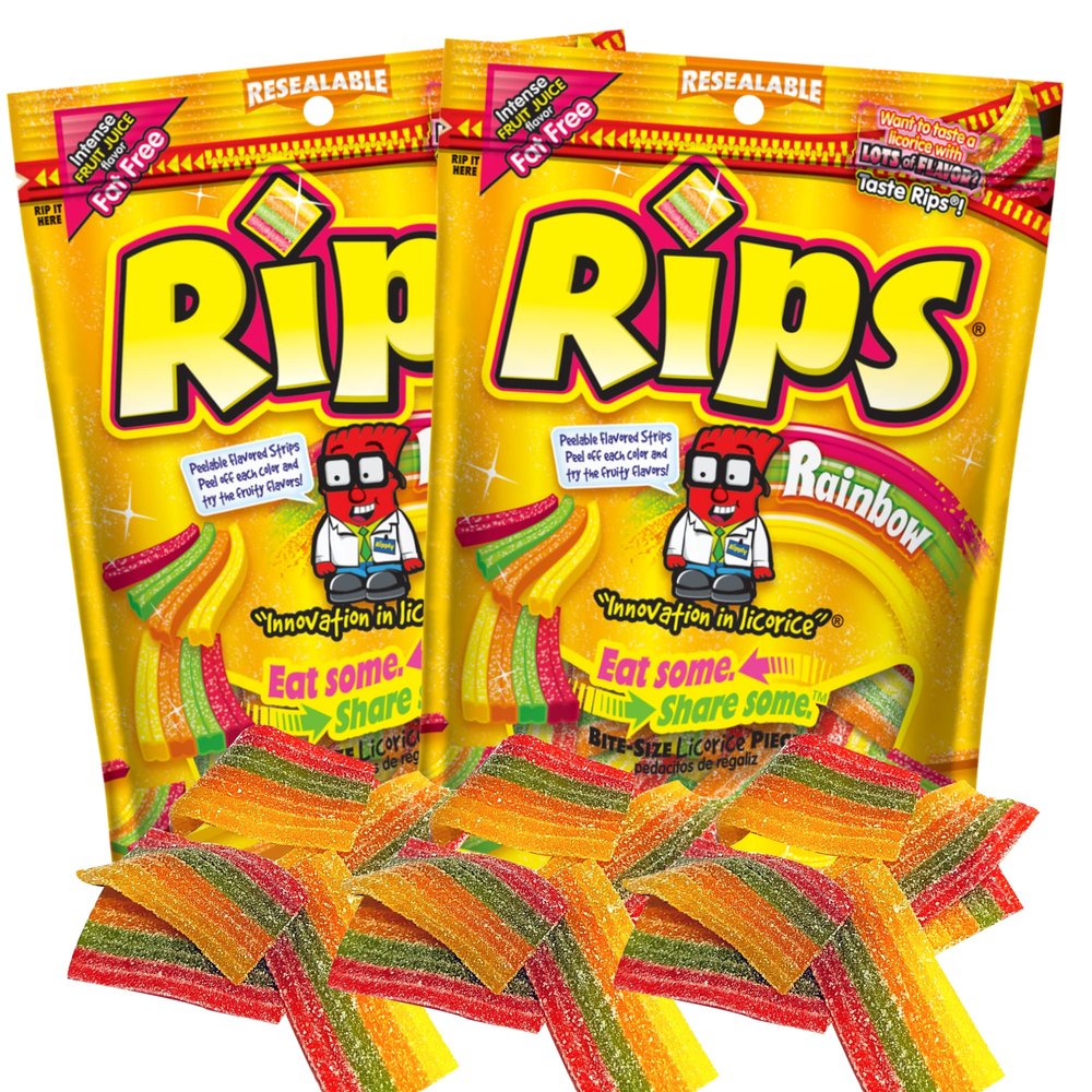 Sweetzo - Rips Rainbow Bite Sized Licorice Pieces, Peelable Fruit Juice Flavored Candy, Resealable Share Size Snack Bags, Pack of 2, 8 Ounces