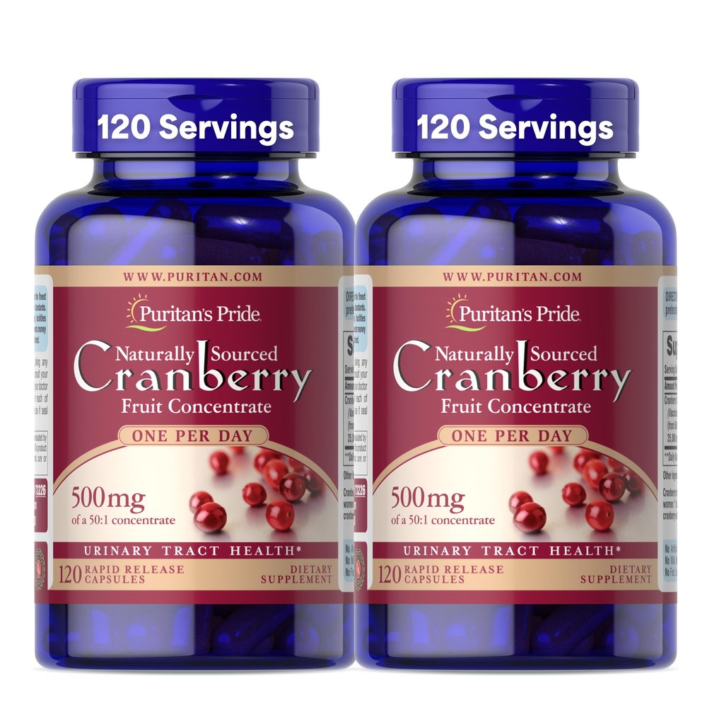 Puritan's Pride Naturally Sourced Cranberry One Per Day Fruit Concentrate 500mg, 50:1 Dietary Supplement for Urinary Tract Support, 4 Month Supply, 120 Rapid Release Capsules, 2 Pack