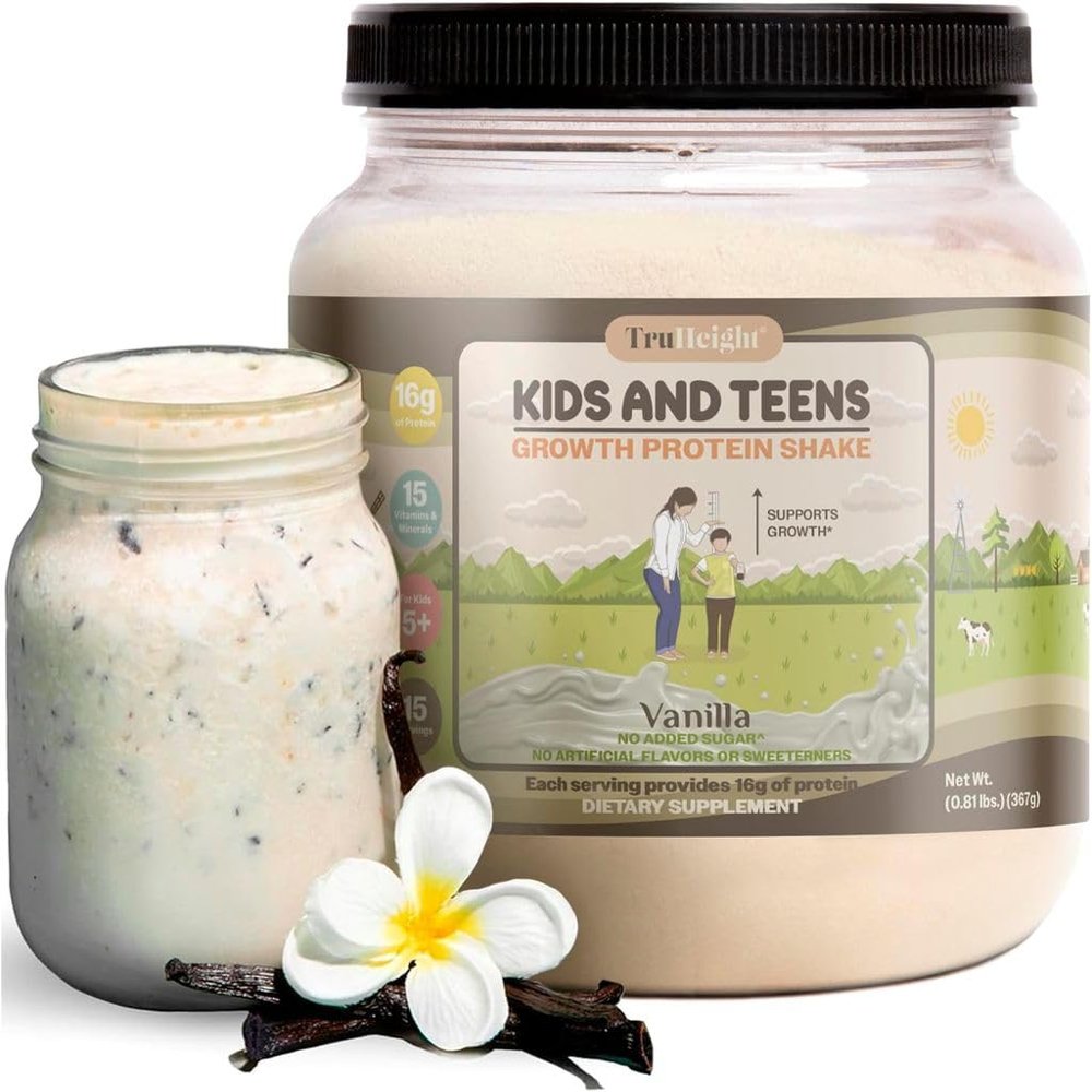 TruHeight Growth Protein Shake (Vanilla Ice Cream Flavor, Whey) Tall Nutrition for Natural Growth & Development - Protein Powder for Kids & Teens, Weight Gain Drinks - Picky Eater Vitamin, Ages 4+