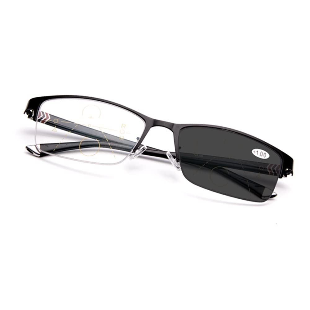 LKP Photochromic Anti Blue Light Reading Glasses Progressive Multifocal Outdoor Glasses Sunglasses Half Metal Frame 1pack(Black,+2.50)