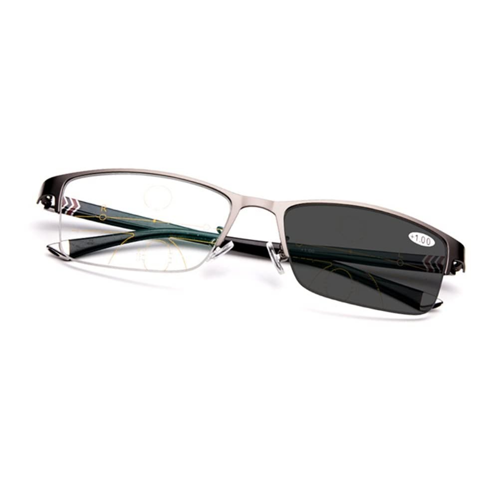 LKP Photochromic Anti Blue Light Reading Glasses Progressive Multifocal Outdoor Glasses Sunglasses Half Metal Frame 1pack(Silver,+2.00)