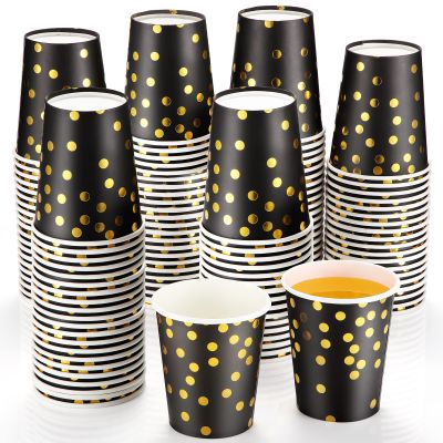 Sieral 100 Pcs Black Gold Foil Disposable Paper Cups Valentine Polka Dot Shot 9 oz Coffee Drinkware Bulk for Wedding Dinner Party Supplies(Black and Gold)