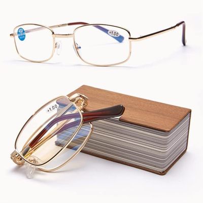 LKP Mini Foldable Reading Glasses, Blue Light Blocking Compact Eyeglasses For Computer Multifocal Portable With Case, Black(Gold,+2.50)