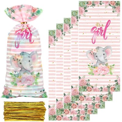 100 Pack Pink Elephant Baby Shower Cellophane Treat Bags Cute Pink Elephant Candy Goodie Bags Baby Shower Favor Supplies with 150 Pieces Gold Twist Ties for Gender Reveal Birthday Party Supplies