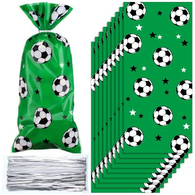 Blulu 100 Pcs Soccer Treat Gift Bags, Soccer Cellophane Goodie Bag Heat Sealable Party Favors Candy Football Treat Bags with 100 Pcs Silver Twist Ties(Green)