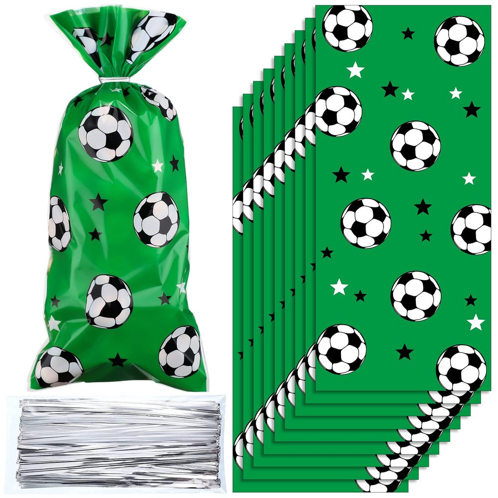 Blulu 100 Pcs Soccer Treat Gift Bags, Soccer Cellophane Goodie Bag Heat Sealable Party Favors Candy Football Treat Bags with 100 Pcs Silver Twist Ties(Green)