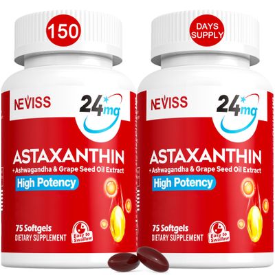 Astaxanthin Supplements 24mg, 5 Month Supply - Coconut MCT Oil, Fresh Microalgae Source w/Grape Seed Oil, Ashwagandha - Antioxidants for Healthy Skin, Eyes, Aging - Non-GMO & Gluten Free, 150 Softgels