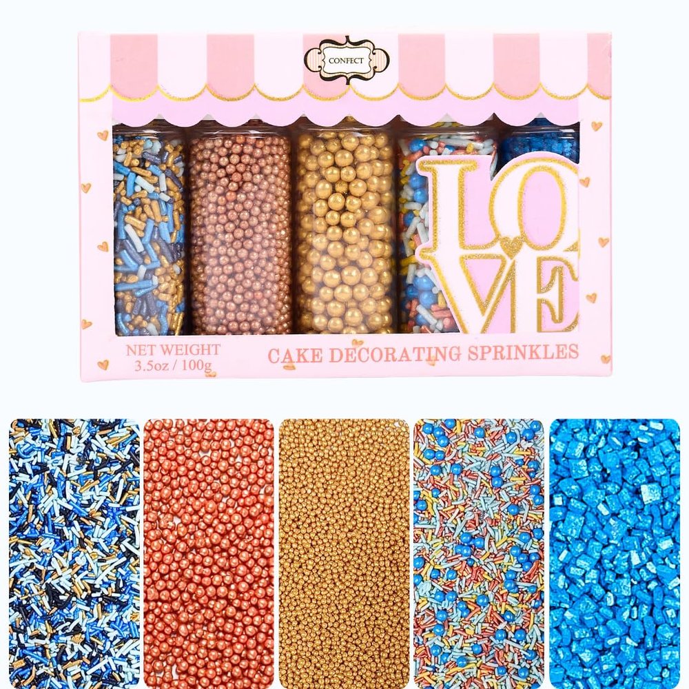 Confect Tropical Paradise Sprinkles | Celebration Sprinkles | Mix Bronze Dragees | Midnight Blue Jimmies | Edible Blue Sparkling Sugar | Sprinkles for Cake Decorations | Vegan, Gluten-Free, Nut-Free, Soy-Free, Dairy-Free, Palm Oil-Free - 5 Oz
