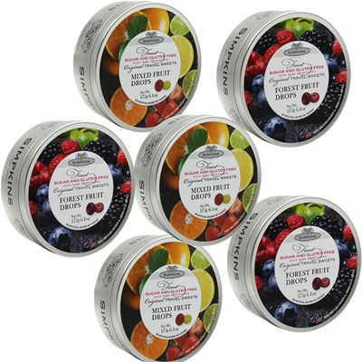 Original Sugar Free Travel Sweets Tin 6 Pack Bundle Contains 3 x Simpkins Mixed Fruit and 3 x Simpkins Forest Fruit (175g each), Silver