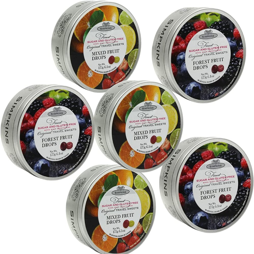 Original Sugar Free Travel Sweets Tin 6 Pack Bundle Contains 3 x Simpkins Mixed Fruit and 3 x Simpkins Forest Fruit (175g each), Silver