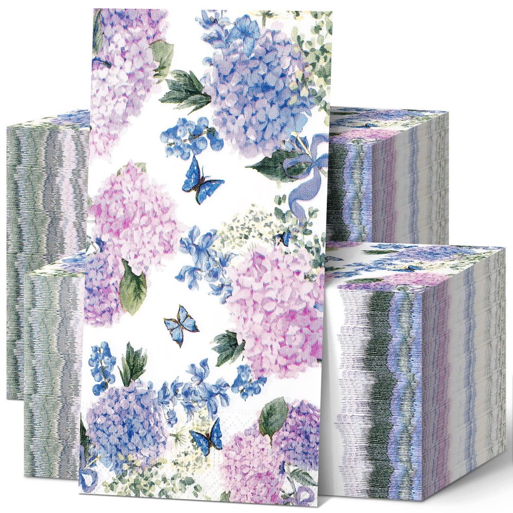 Hotop 200 Pack Hydrangea Paper Napkins Purple Floral Butterfly Disposable Hand Towels 2 Ply Decorative Guest Dinner Napkins Bulk for Home Bathroom Wedding Birthday Spring Tea Party Supplies
