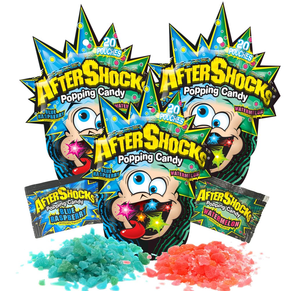 Sweetzo - Aftershocks Watermelon and Blue Raspberry Popping Rock Candy, Individually Wrapped Bulk Fruit Flavored Fizzy Candies, Throwback 90's Snacks, Pack of 3, 1.06 Ounces