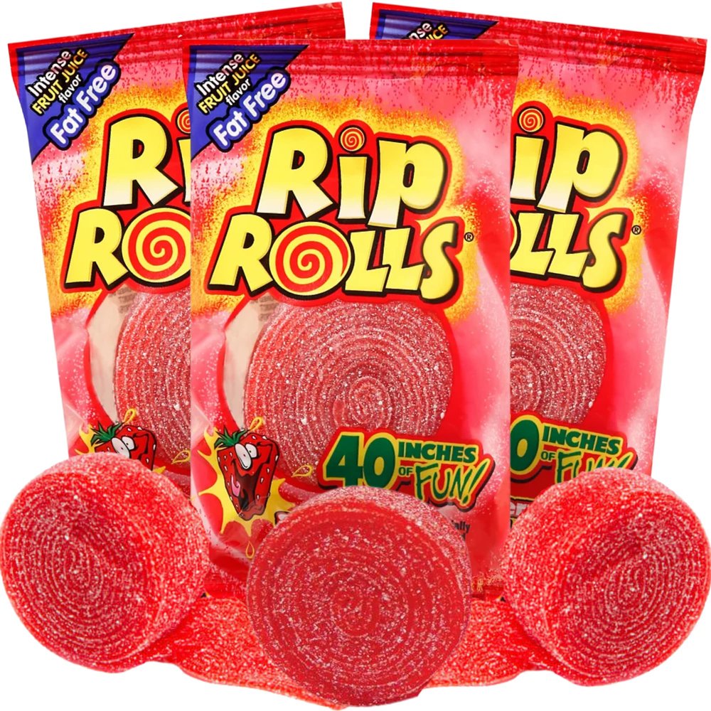 Sweetzo - Rip Rolls Sugar Coated Strawberry Candies, Assorted Fruit Flavor Fat Free Red Licorice Candy Sour Belts, 4th of July Party Favors, Pack of 3, 40 Inches