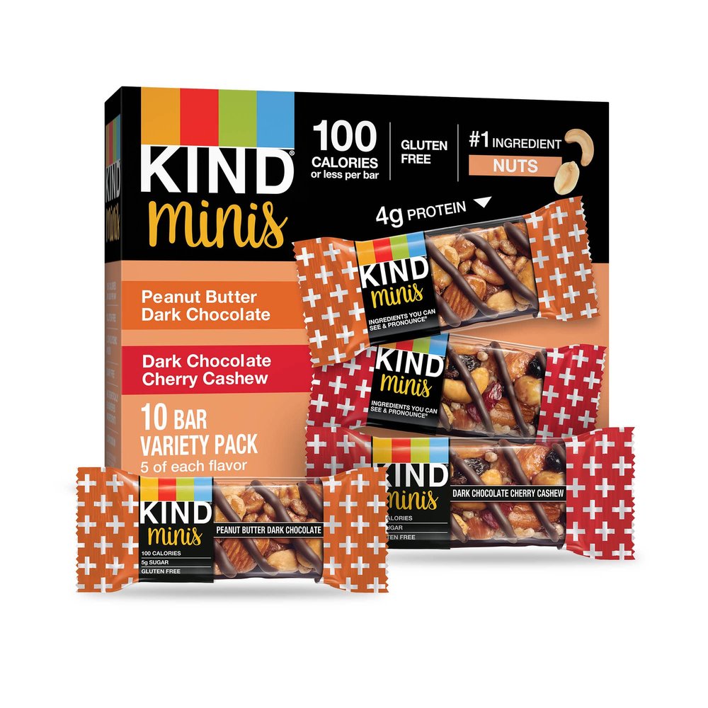 KIND Minis Variety Pack, Dark Chocolate Cherry Cashew, Peanut Butter Dark Chocolate, Low Sugar Snacks, Low Calorie Bars, Gluten Free, 20 Count
