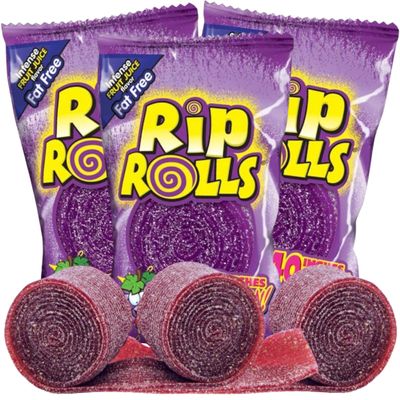 Sweetzo - Rips Rolls Grape Licorice Candy, Fruit Flavored Individually Wrapped Sour Belts for Party Favors and Goodie Bag Fillers, 40 Inches, Pack of 3