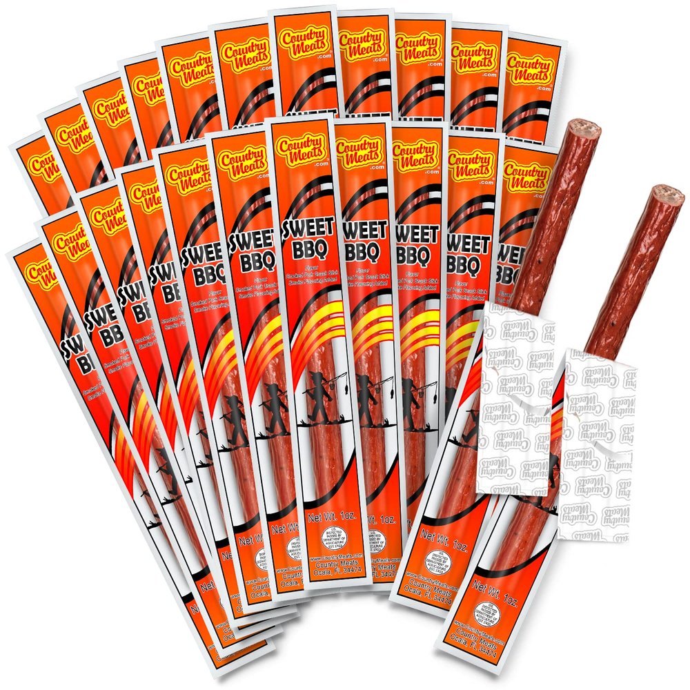 Country Meats, Meat Sticks, 0 Trans Fat, USDA Certified, Good Source of Protein, Carb Conscious Snack (24 Meat Sticks, Sweet BBQ)