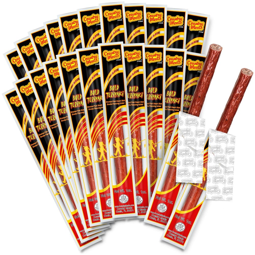 Country Meats, Meat Sticks, 0 Trans Fat, USDA Certified, Good Source of Protein, Carb Conscious Snack (24 Meat Sticks, Bold Teriyaki)