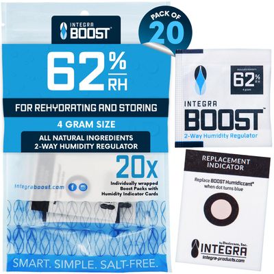 Integra Boost 2-Way Humidity Control Pack - Preserve Flavor & Control Humidity at 62% RH - Moisture Absorber for Herbs, Spices & More - 4 Gram (Pack of 20)