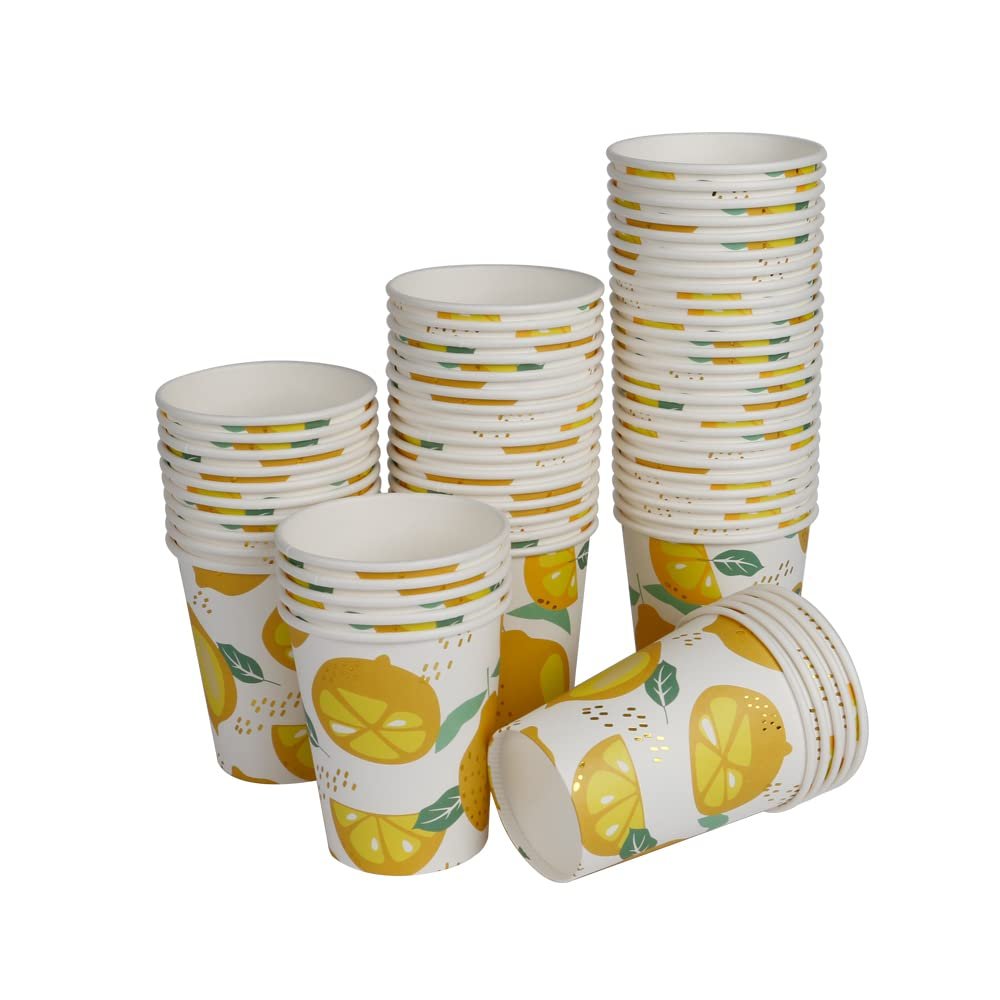 Geeklife Gold Lemon Paper Party Cups, 9oz Fruit Disposable Decorative Cups Set, Sparkly Gold Foil Paper Cups Bulk,40 pcs