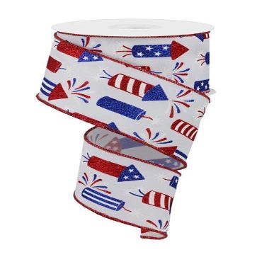 Craig Bachman 2.5" Firecrackers Ribbon: White (10 Yards) Patriotic Gift Wrapping Wired Ribbon