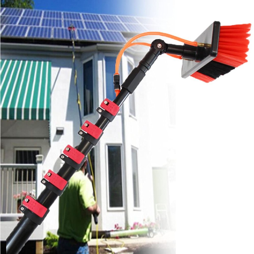 Water Fed Pole Kit, Telescopic Solar Panels Cleaning Pole Window Cleaning Equipment, Adjustable Height and 35Cm Cleaning Brush,24FT/7.2m
