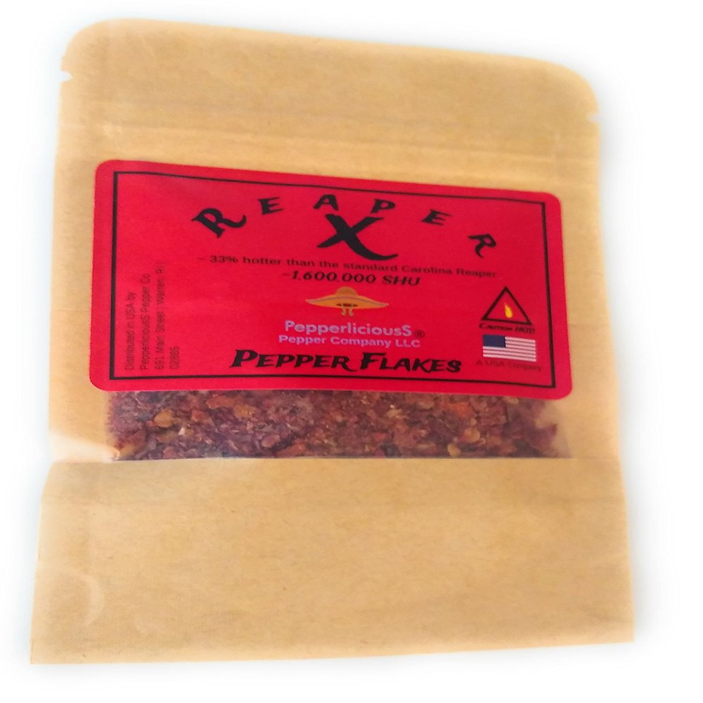 1/4oz / 7.09g REAPER X PEPPER FLAKES, ~33% hotter than standard Carolina Reaper