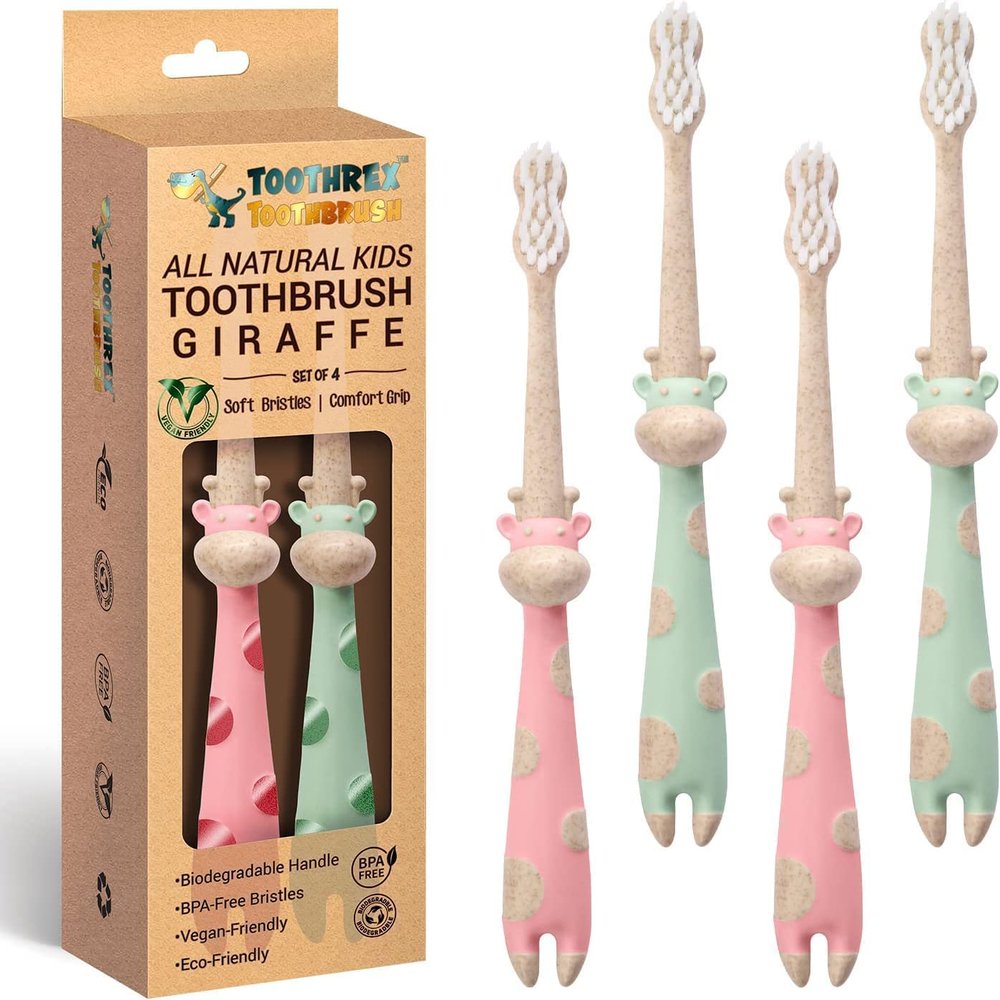 ROARex All-Natural Earth Friendly Kids Toothbrush Made from Plants - Giraffe 4-36m - Baby to Toddler - Mint/Rose - 4pk | 1% for The Planet Product