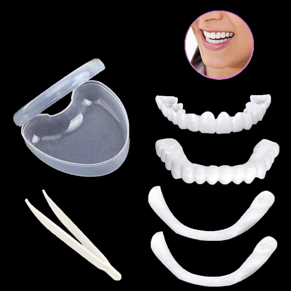 1Set Dentures Veneers Tooth,Dental Care Kits for Anti Molar Orthodontic Cosmetic Teeth,Smile Snap Tooth.(White,1Top+ 1Bottom+2Adhesives+1Tweezers+1Heart-Shaped Storage Box