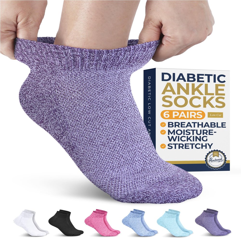 Pembrook Ankle Diabetic Socks for Women and Men - 6 Pairs | Low Cut Seamless Womens Diabetic Socks | Wide Ankle | Neuropathy