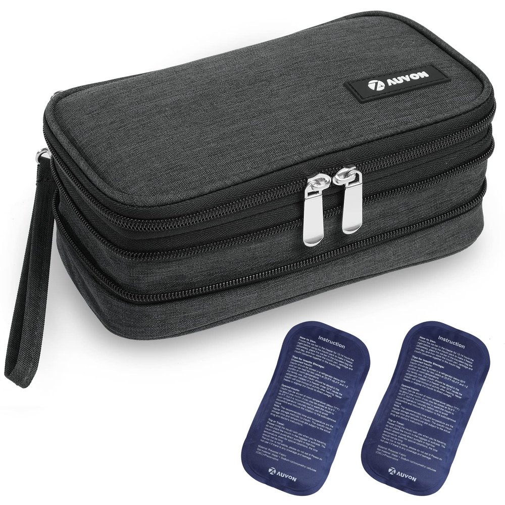 AUVON Insulin Cooler Travel Case, Expandable Insulated Diabetic Bag with 2 * 180g Ice Packs for 10-12.5H Cooling Time, Portable Medication Cooler Bag for Insulin Pens & Blood Glucose Monitor Supplies