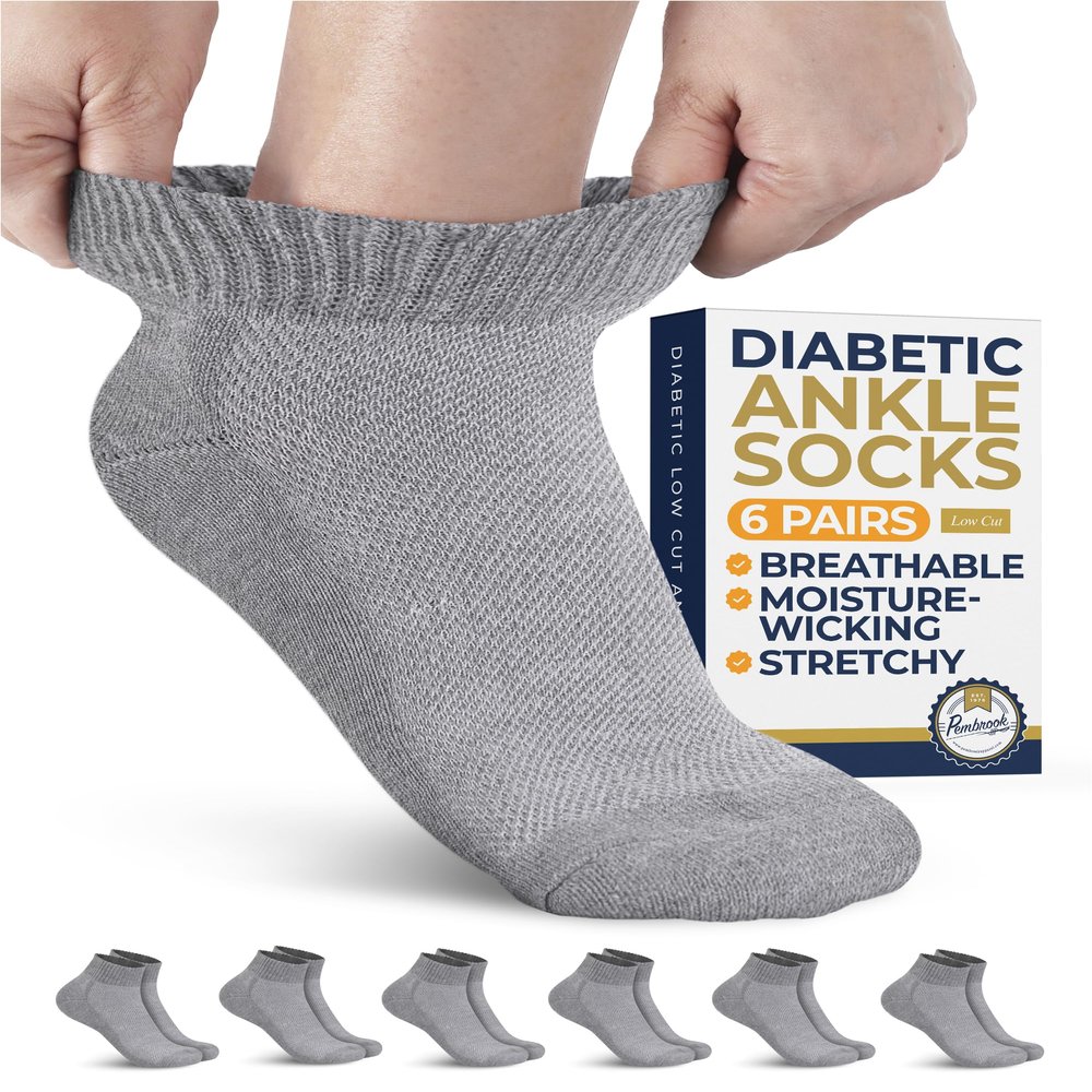 Pembrook Gray Ankle Diabetic Socks for Men & Women - 6 Pairs | Low Cut Stretch Top Mens Diabetic Sock | Ankle Moisture Wicking Neuropathy Socks for Men | Diabetic Socks for Men 9-12