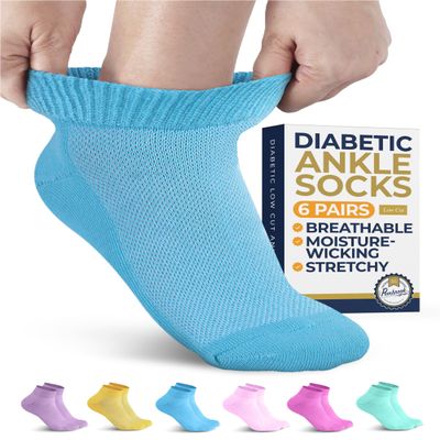 Pembrook Ankle Diabetic Socks for Women and Men - 6 Pairs | Yellow, Purple, Light Pink, Blue, Green, Pink | Low Cut Womens Diabetic Sock | Neuropathy Socks for Women | Diabetic Socks Women 9-12