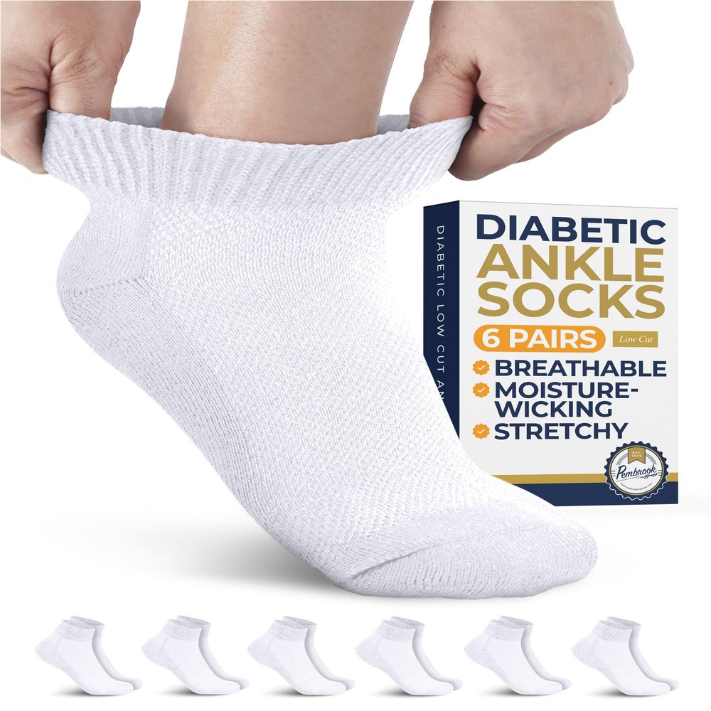 Pembrook White Diabetic Socks for Men & Women - 6 Pairs | Ankle Low Cut Stretch Top Mens Diabetic Socks | Moisture Wicking