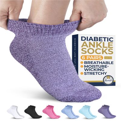 Pembrook Ankle Diabetic Socks for Women and Men - 6 Pairs | Low Cut Seamless Womens Diabetic Sock | Wide Ankle Neuropathy Socks for Women | Diabetic Socks Women 9-12