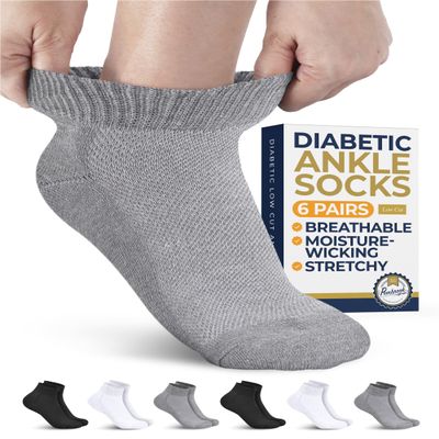 Pembrook Ankle Diabetic Socks for Men & Women - 6 Pairs | Black, White, Gray | Low Cut Stretch Top Mens Diabetic Sock | Ankle Moisture Wicking Neuropathy Socks for Men | Diabetic Socks for Men 9-12