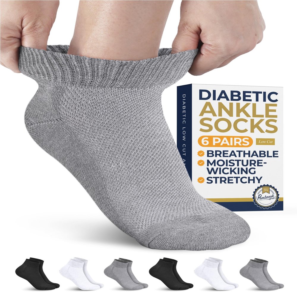 Pembrook Ankle Diabetic Socks for Men & Women - 6 Pairs | Black, White, Gray | Low Cut Stretch Top Mens Diabetic Sock | Ankle Moisture Wicking Neuropathy Socks for Men | Diabetic Socks for Men 9-12
