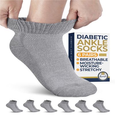Pembrook Gray Ankle Diabetic Socks for Men & Women - 6 Pairs | Low Cut Stretch Top Mens Diabetic Sock | Ankle Moisture Wicking Neuropathy Socks for Men | Diabetic Socks for Men 9-12