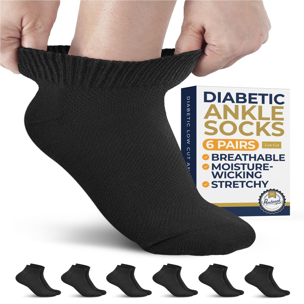 Pembrook Black Diabetic Socks for Men & Women - 6 Pairs | Ankle Low Cut Stretch Top Mens Diabetic Socks for Neuropathy | Moisture Wicking