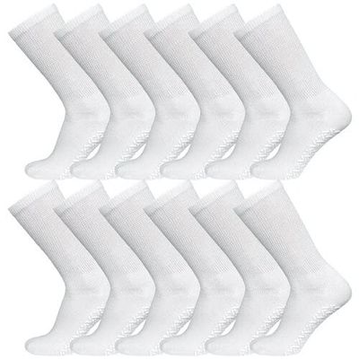 3-12 Pairs Men Non-Skid Diabetic Cotton Crew Circulatory Socks with Non Binding Top (12 Pack, White)