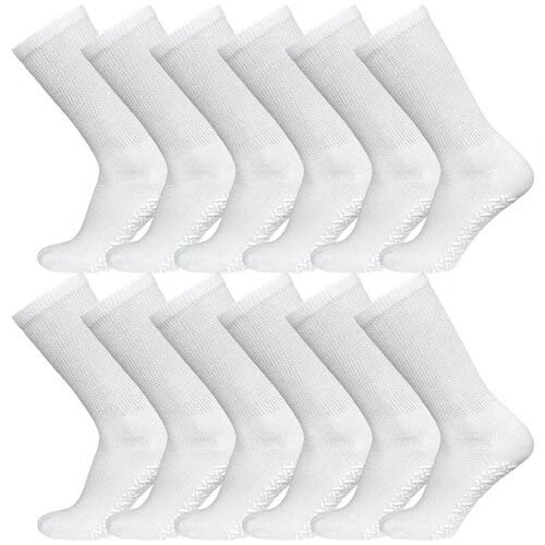 3-12 Pairs Men Non-Skid Diabetic Cotton Crew Circulatory Socks with Non Binding Top (12 Pack, White)